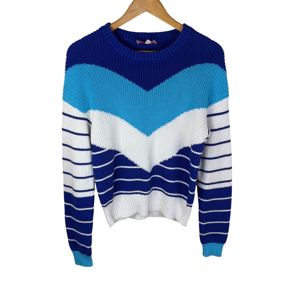 Solid & Striped Chevron Colorblock Sweater Womens LG Blue White Organic Cotton